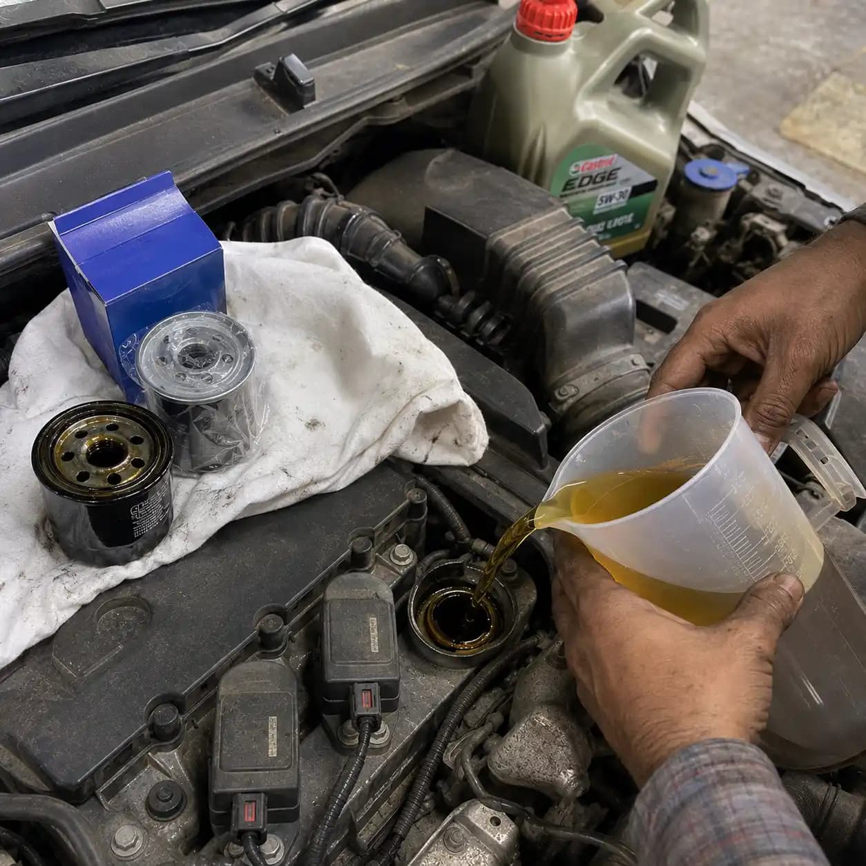 Closeup of a CarYaar technician pouring fresh engine oil into the filler neck, with the old and new oil filters laid out on a shop rag.