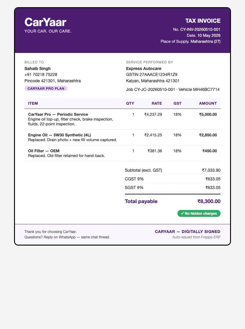 Sample CarYaar Pro tax invoice with itemised line items, GST, and a no-hidden-charges stamp.