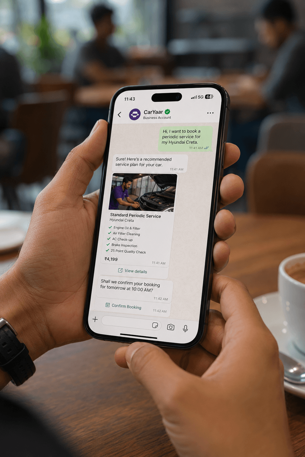 Customer reviewing a CarYaar estimate inside the WhatsApp chat before approving.