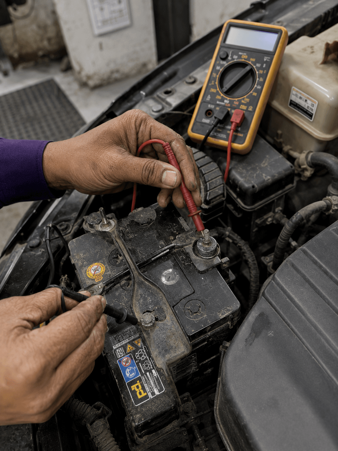 CarYaar technician using a digital multimeter to test the voltage on a car battery.