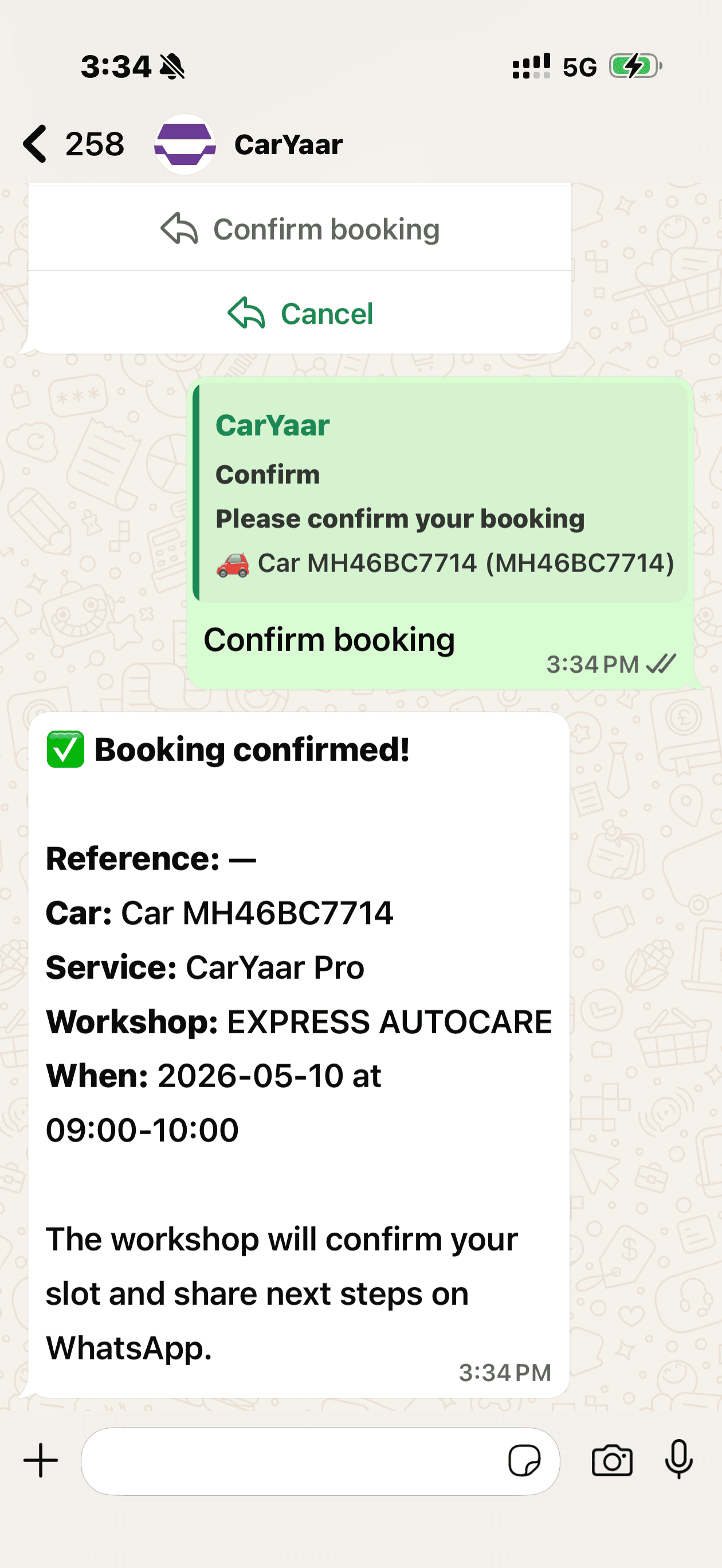 CarYaar booking confirmed message in WhatsApp showing reference, car, plan, workshop and slot.