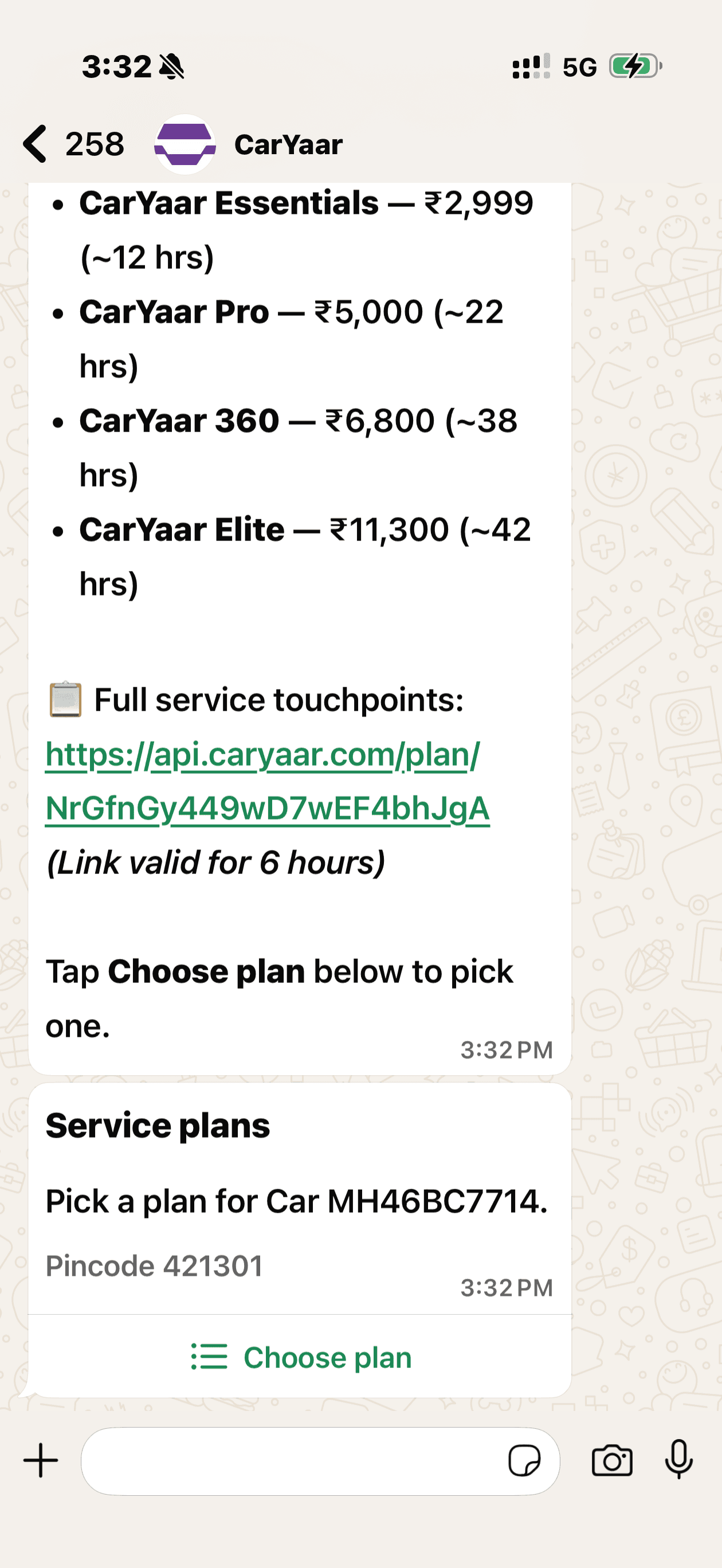 CarYaar plan options inside WhatsApp with Refresh, Essentials, Pro, 360 and Elite plus prices.