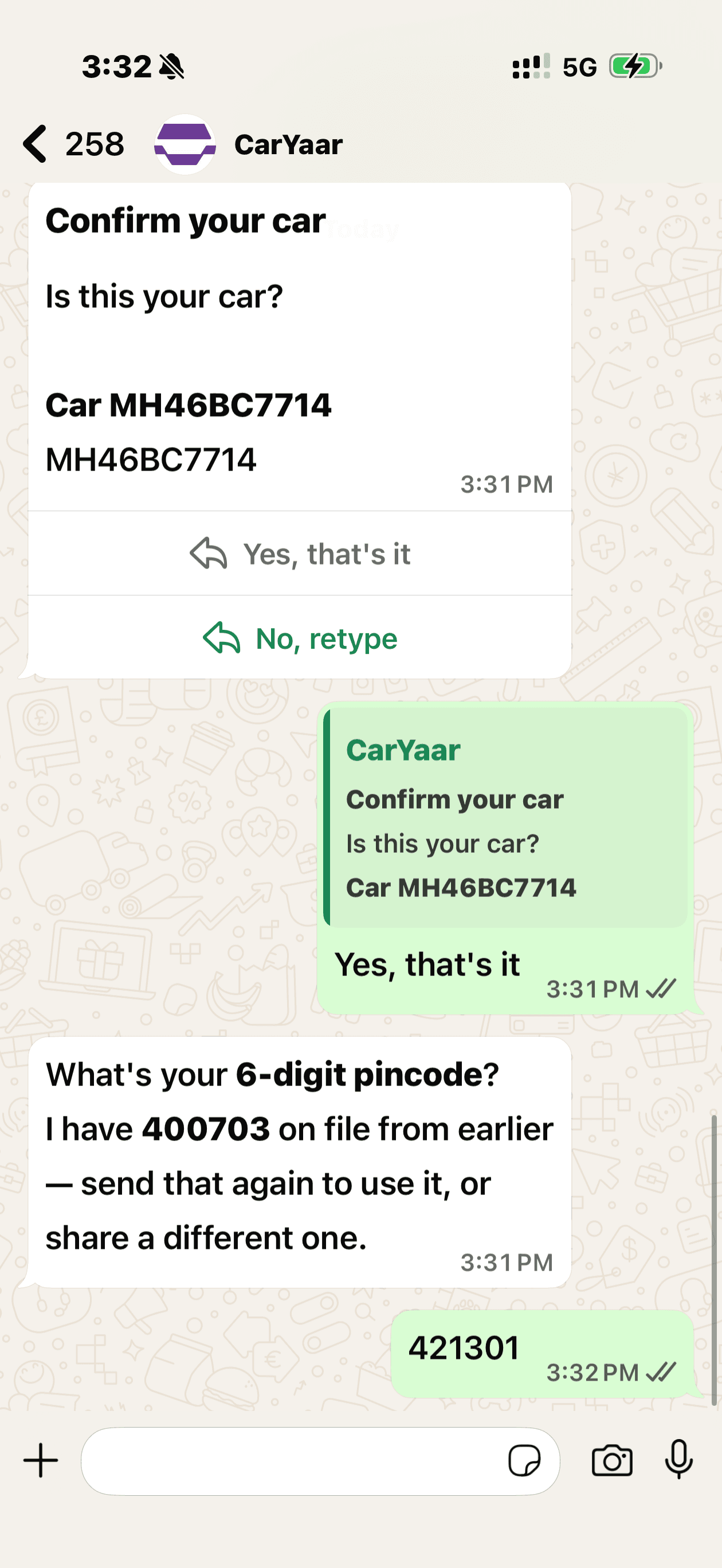 WhatsApp chat with CarYaar confirming the customer's car and asking for their pincode.