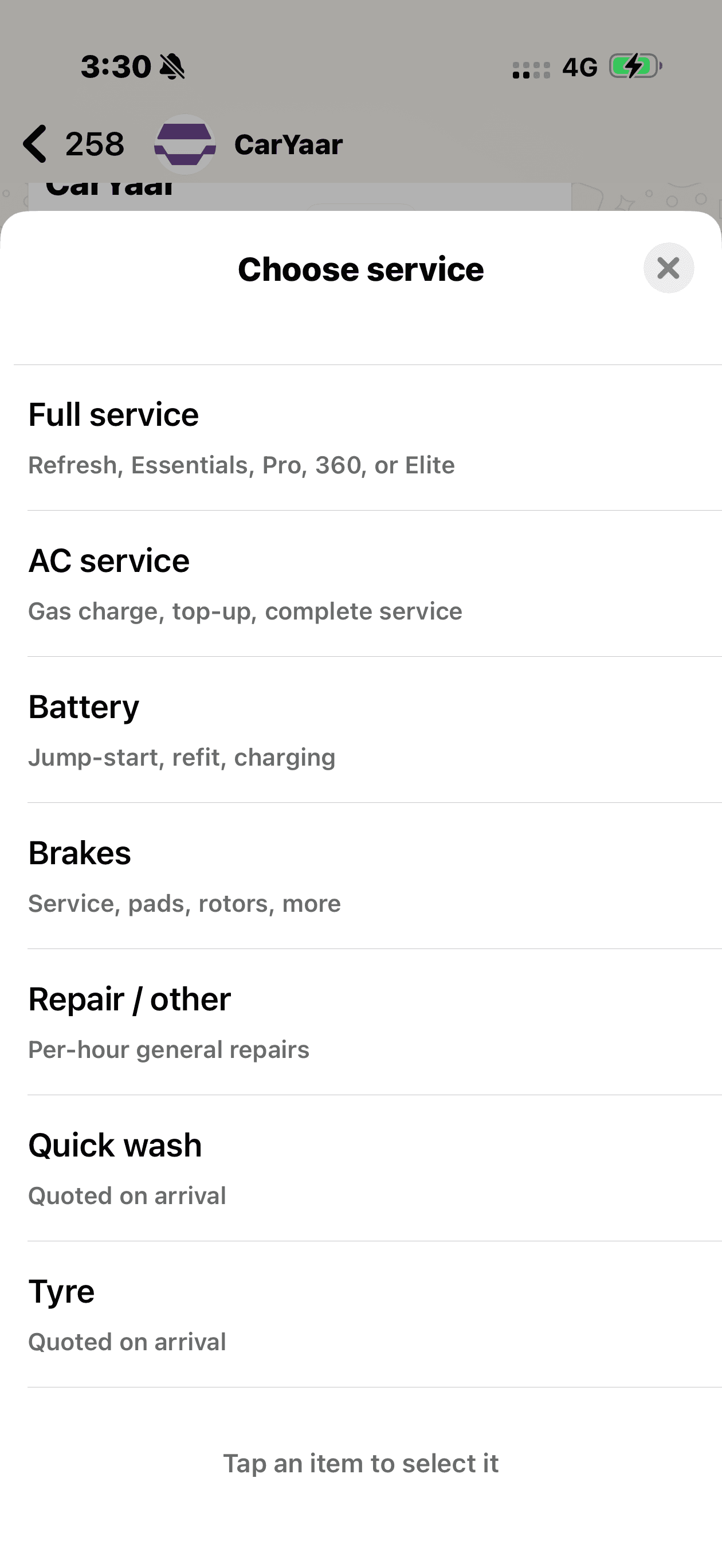 WhatsApp service picker list with Full service, AC service, Battery, Brakes, Tyre and more.
